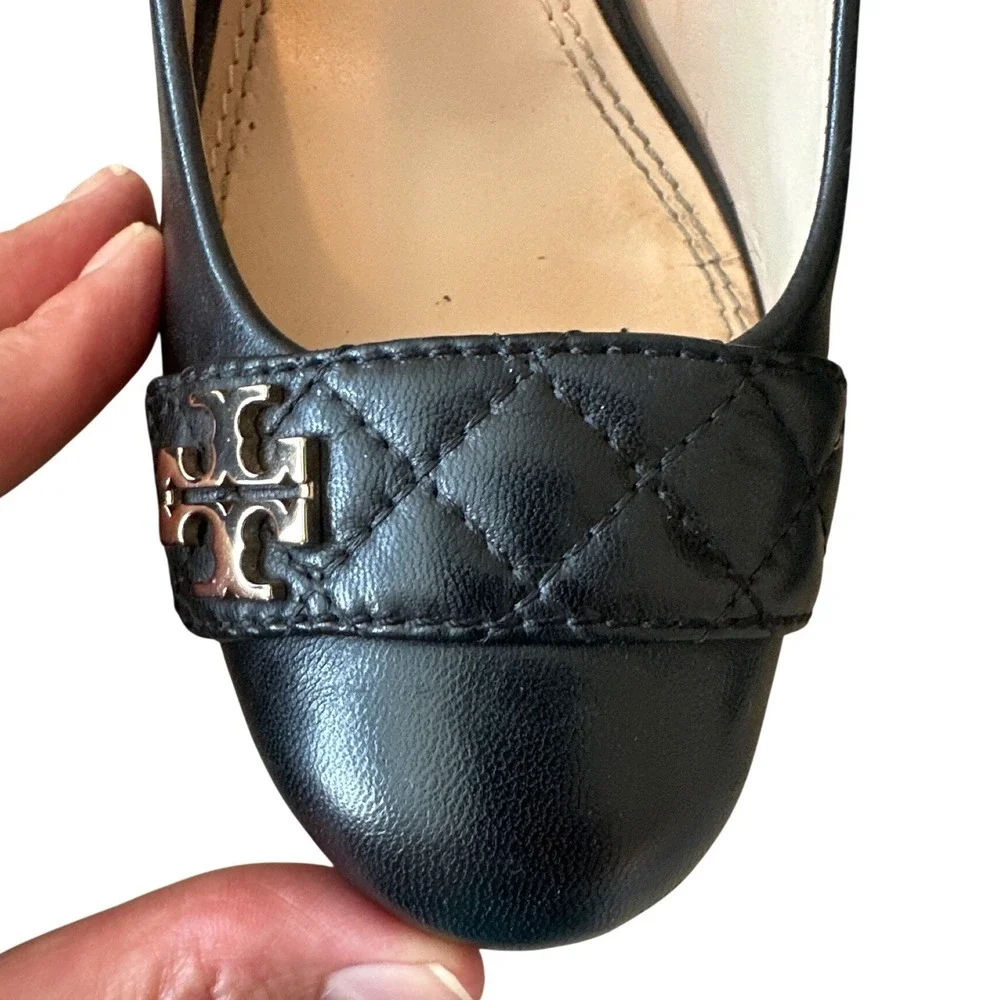 Tory Burch Marion Quilted Leather Wedge Pumps Black Gold Logo Size 8.5